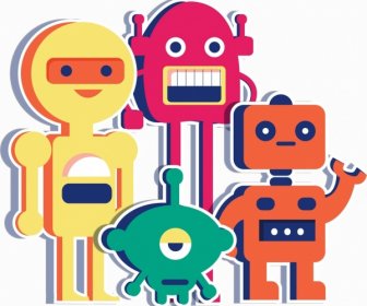 Robôs De Papel Liso ícones Coloridos, Projeto Do Corte Fundo