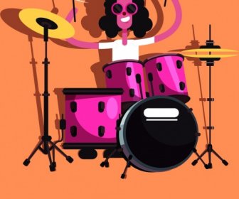 Rock Drum Player Icona Colorato Cartoon Personaggio