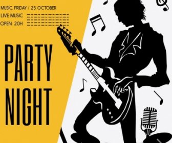 Rock Party Banner Guitarist Icons Silhouette Design