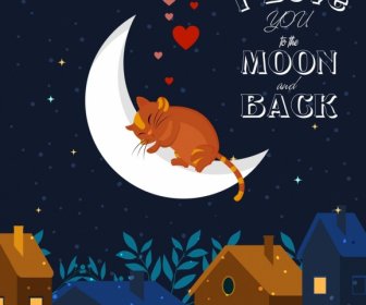Romance Background Cat Crescent Heart Icon Colored Cartoon
