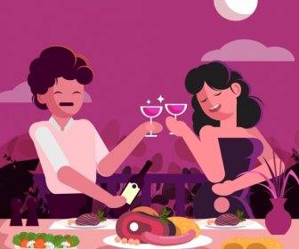 Romance Contexte Couple Nourriture Table à Manger Icônes Décor