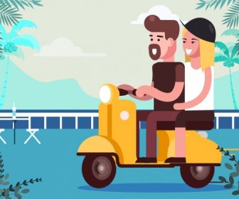 浪漫背景夫婦騎摩托車卡通設計