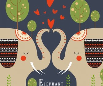 Romance Background Kissing Elephants Icons Symmetric Design