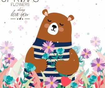 Romance Card Template Flowers Bear Icon Cute Design