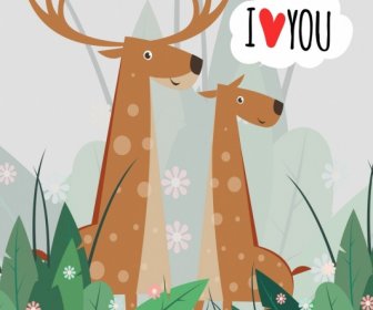 Romance Card Template Reindeer Icons Cute Cartoon Design