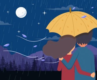 Romance Drawing Couple Rain Moonlight Icons Colored Cartoon