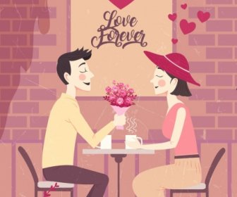 Romance Drawing Loving Couple Heart Decor Colored Cartoon