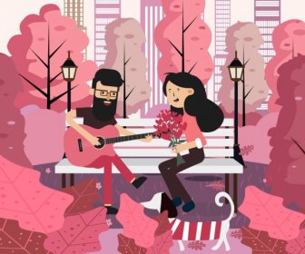 Romance Painting Happy Couple Park Icon Colored Cartoon