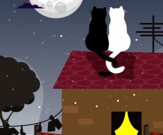 Romantischen Hintergrund Katzen Paar Mondlicht Symbole