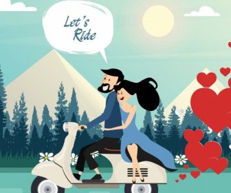 Couple à Scooter Cartoon Conception Romantique Contexte