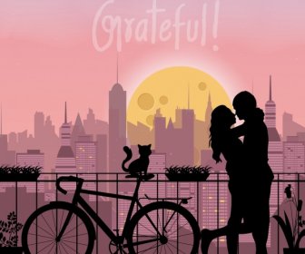 Romantic Background Couple Silhouette Cityscape Backdrop