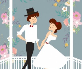 تصميم الكرتون ديكور الزهور في الخلفية رومانسية حب الزوجين