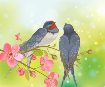Romantic Birds On Tree Branch