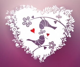Burung-burung Yang Romantis Dengan Bunga Hati Vektor