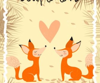 Romantis Kartu Template Fox Pasangan Daun Dekorasi