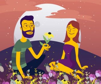 Romantic Couple Drawing Flowers Decoration Colored Cartoon Design