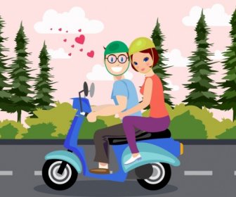 Romantic Couple Drawing Motorbike Heart Icons Colored Cartoon