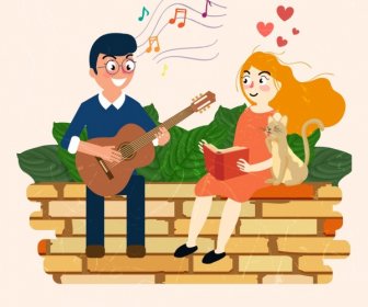 Romantic Drawing Couple Dating Guitar Music Colored Cartoon