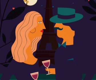 Romantico Disegno Francia Notte Sfondo Colorato Cartoon
