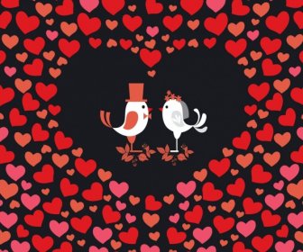 Romantic Hearts Background Bird Icons Stylized Cartoon Design