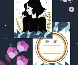Romantic Postcard Template Girl Icon Flowers Decoration