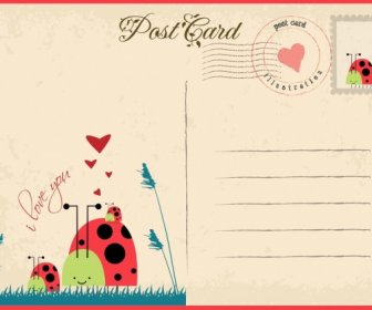Romantic Postcard Template Heart Ladybird Icon Retro Style