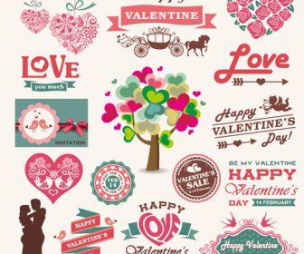San Valentín Romántico Retro Etiquetas Y Decoración Vector