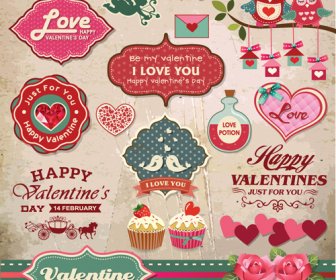 San Valentín Romántico Retro Etiquetas Y Decoración Vector