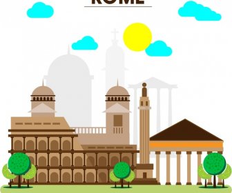 Rome Promotion Banner Famous Buildings On Vignette Background