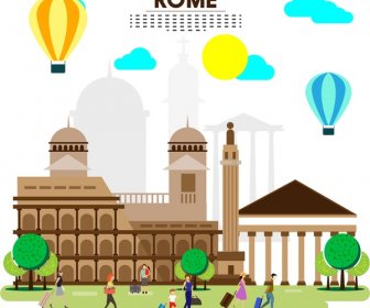 Rome Tourism Banner With Buildings Tourists And Balloons