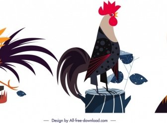 Rooster Animal Icons Colored Cartoon Design