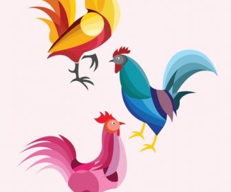 Roosters Collection Isolated In Various Colors