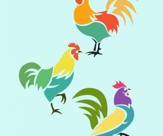 Roosters Drawing Design With Colorful Outline