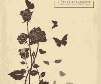 Rose Butterflies Background Vintage Style Black Silhouette Decor