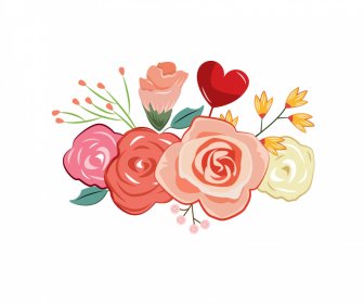 Elemen Desain Rose Valentine Sketsa Retro Gambar Tangan Berwarna-warni
