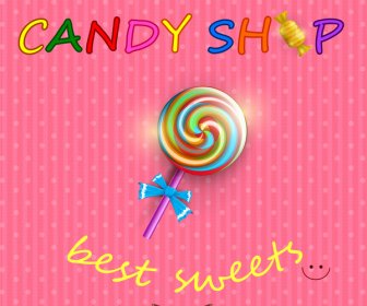 Round Candy With Stick Card On Pink Background