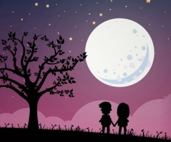 Runde Mond Himmel Hintergrund Kinder Silhouette Dekor