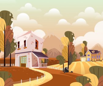 rural landscape background field houses sketch colorful classic