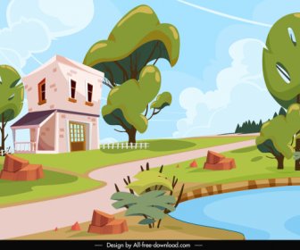 Rural Landscape Painting Bright Colorful House Trees Sketch