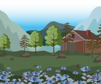 Lukisan Pemandangan Pedesaan Bunga Cottage Dekorasi Ikon Gunung