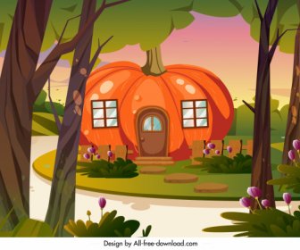 Rural Residential Landscape Painting Pumpkin House Cartoon Sketch