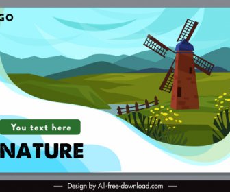 rural scenery banner windmill field sketch