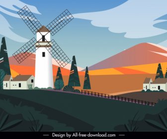 Rural Scenery Painting Colorful Contrast Design