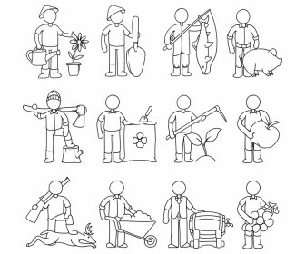 Rural Works Icons Collection Flat Handdrawn Outline