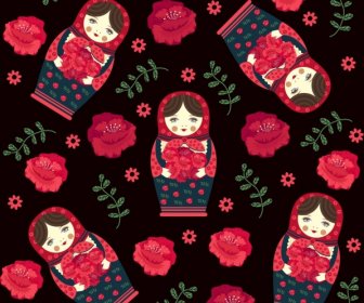 Russia Background Traditional Doll Roses Icons Repeating Design