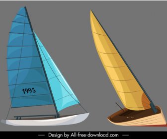 Sail Boat Icons Colored 3d Sketch