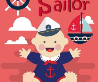 Sailor Background Cute Kid Steering Wheel Anchor Icons