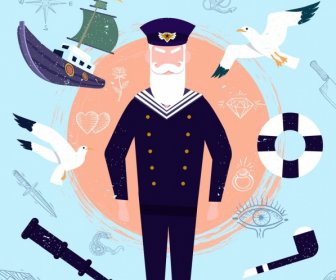 Sailor Design Elements Pilot Ship Seabirds Binoculars Icons