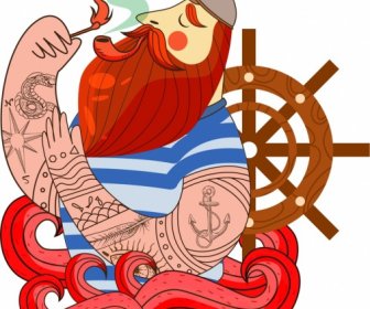 Denizci Simgesi Sigara Bıyık Adam Kroki Klasik Tasarım
