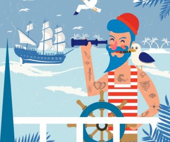 Hombre Del Tatuaje Fondo Marinero Enviar Iconos De Mar